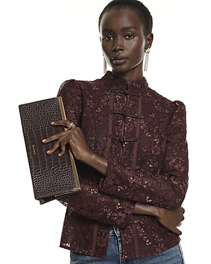 Brown Metallic Lace Frogging Top