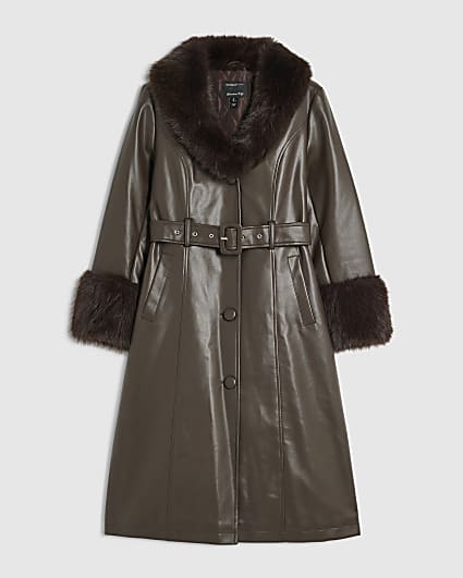 Petite Brown Faux Fur Trim Belted Trench Coat