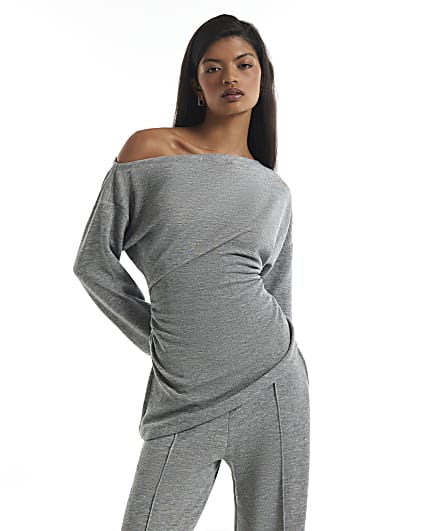 Grey Cosy Off The Shoulder Asymmetric Top