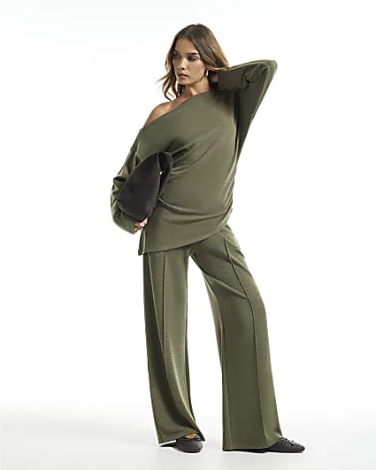 Khaki Cosy Wide Leg Trousers