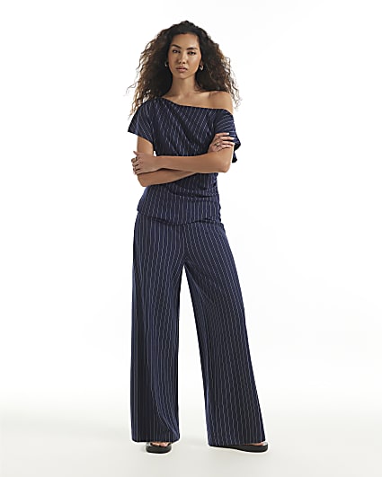 Navy Pinstripe Wide Leg Trousers