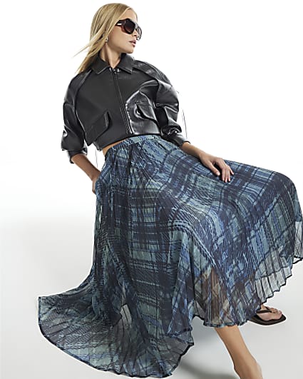 Blue Check Pleated Midi Skirt