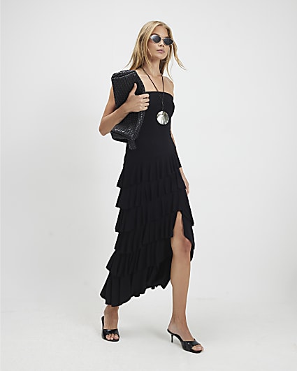 Black Bandeau Ruffle Maxi Dress