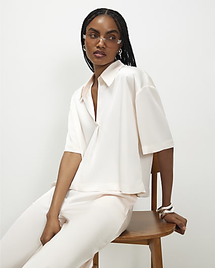 Cream Satin Polo Top