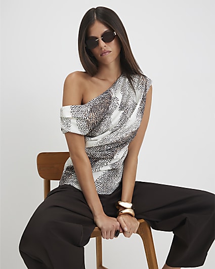 Beige Animal Print Asymmetric Drape Top
