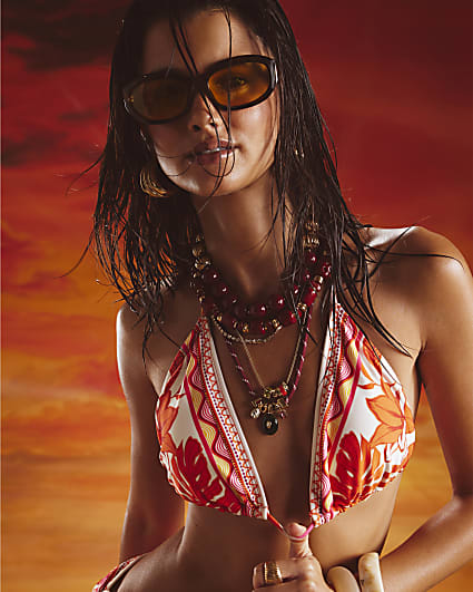 Red Floral Print Bikini Top