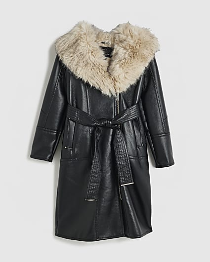 Petite Black Belted Shearling Trench Coat