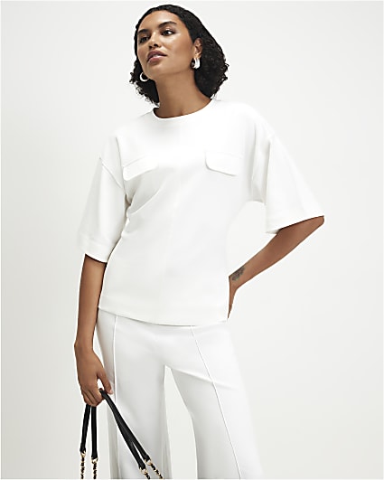 Cream Short Sleeve Tie Back Pocket Top