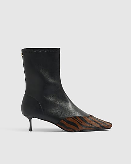 Black Faux Leather Animal Print Ankle Boots