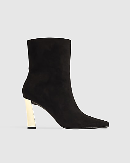 Black Faux Suede Gold Heel Stretch Boots