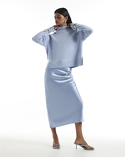 Blue Knit Satin Hybrid Jumper Dress