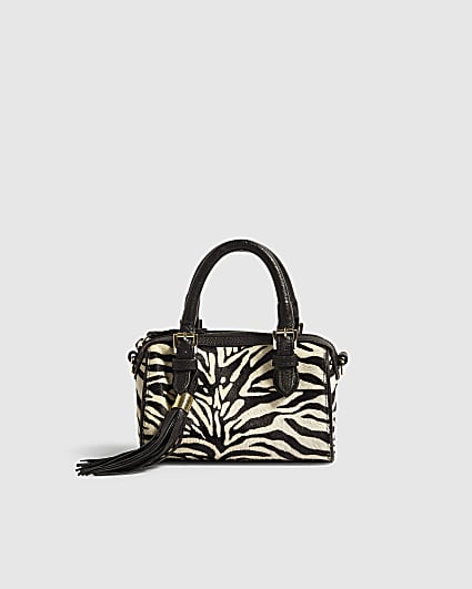 Black Animal Print Hair On Leather Bowler Bag