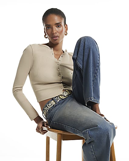 Beige Cotton Blend Ribbed Cardigan