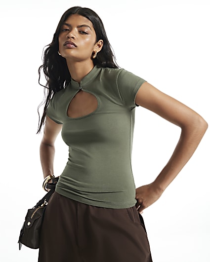 Khaki Cut Out Short Sleeves T-Shirt