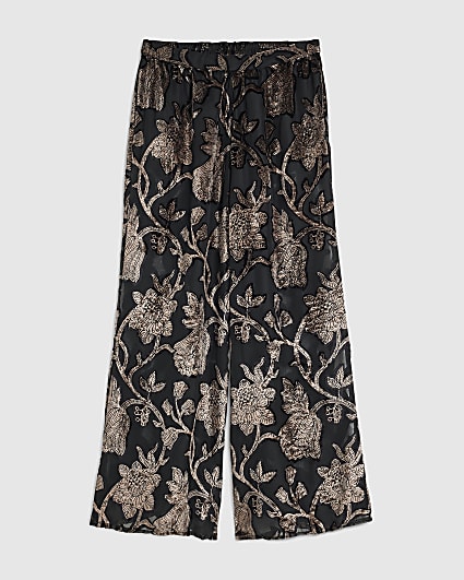 Petite Black Floral Devore Wide Leg Trousers