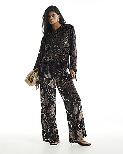 Black Floral Devore Wide Leg Trousers