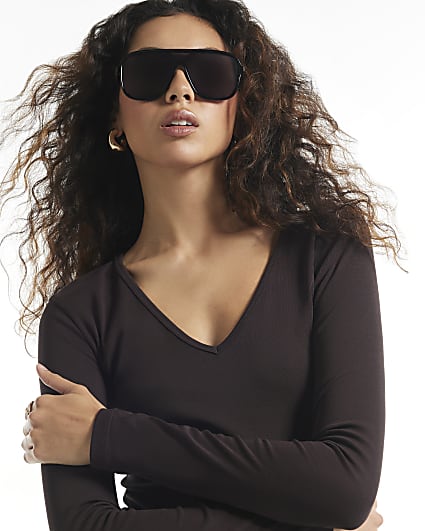 Brown V Neck Cotton Blend Long Sleeve Top