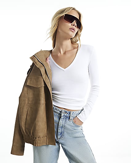 White Cotton Blend V Neck Long Sleeve Top