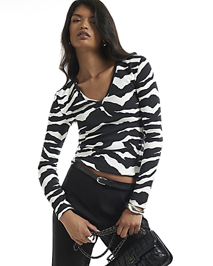 Black Zebra V Neck Long Sleeve Top