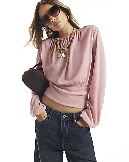 Pink Ruched Neck Banded Top