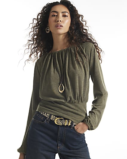 Khaki Ruched Neck Banded Top