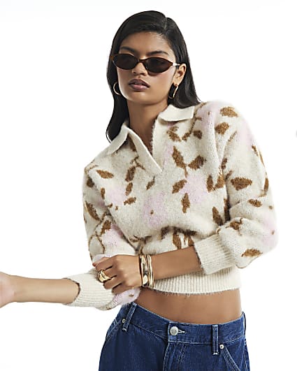 Beige Floral Polo Jumper