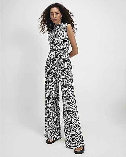 Black Jacquard Zebra Print Wide Leg Trousers