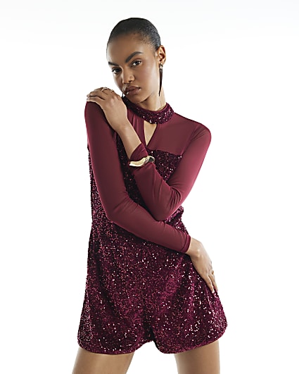 Burgundy Sequin Mesh Long Sleeve Playsuit