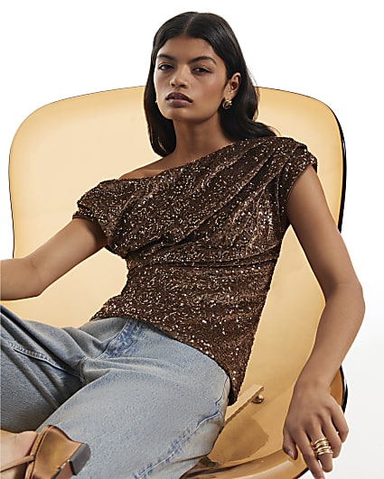 Brown Sequin Sleeveless Drape Top