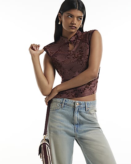 Burgundy Devore Sleeveless Top