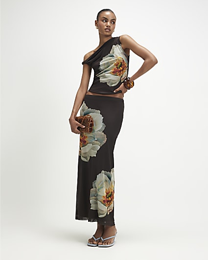 Brown Mesh Floral Print Drape Top