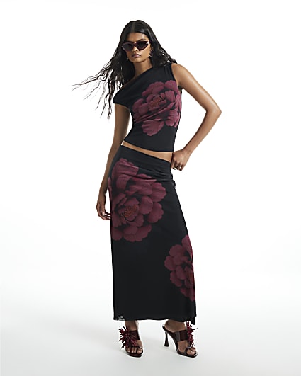 Black Mesh Floral Print Maxi Skirt