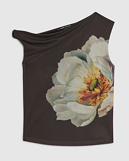 Petite Brown Mesh Floral Print Drape Top