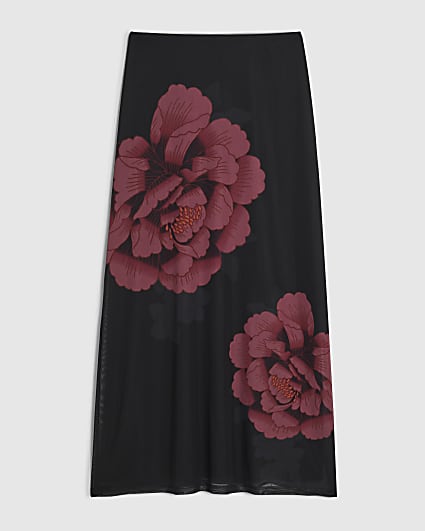 Petite Black Floral Print Mesh Maxi Skirt