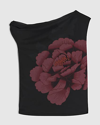 Petite Black Mesh Floral Print Drape Top