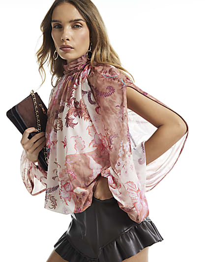 Pink Floral Bubble Split Sleeve Top