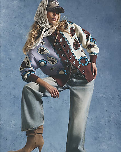 Blue Paisley Zip Through Knitted Cardigan