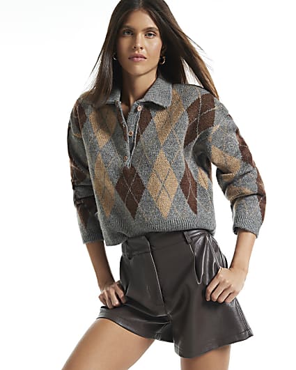 Grey Argyle Knit Long Sleeve Polo Top