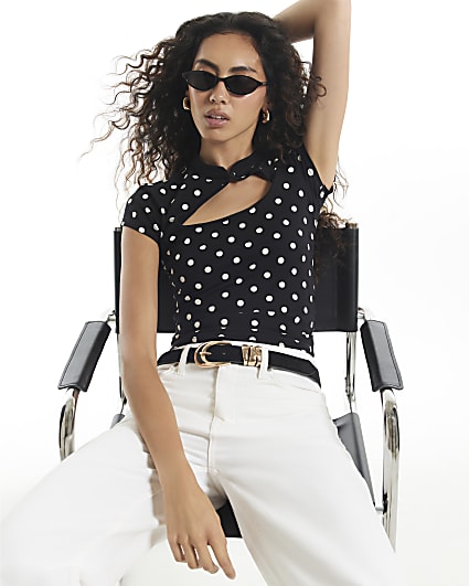 Black Keyhole Cut Out Polka Dot T-Shirt