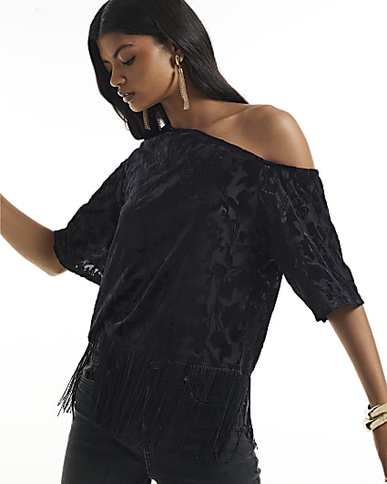 Black Devore One Shoulder Fringe Top