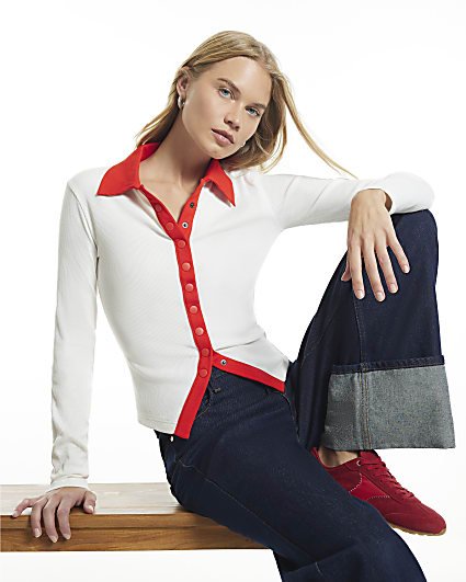 Cream Ribbed Polo Button Down Polo Top