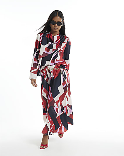 Petite Red Colour Block Asymmetric Midi Skirt