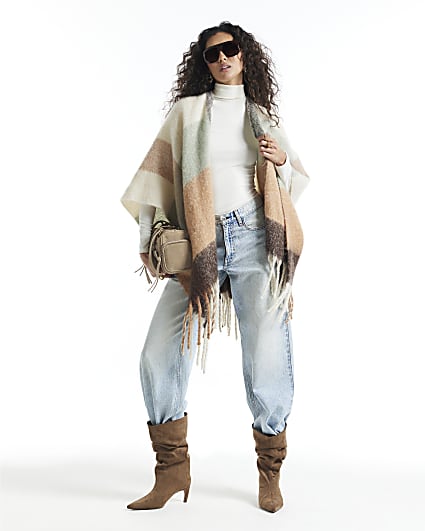 Cream Check Knit Scarf Cape