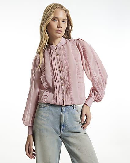 Pink Sheer Pintuck Ruffle Blouse