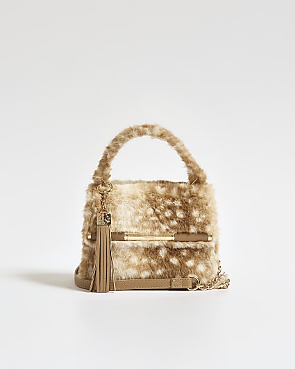 Beige Animal Print On Faux Fur Mini Tote Bag