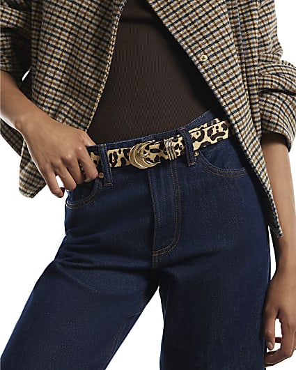 Beige Animal Print Faux Hair On Leather Belt