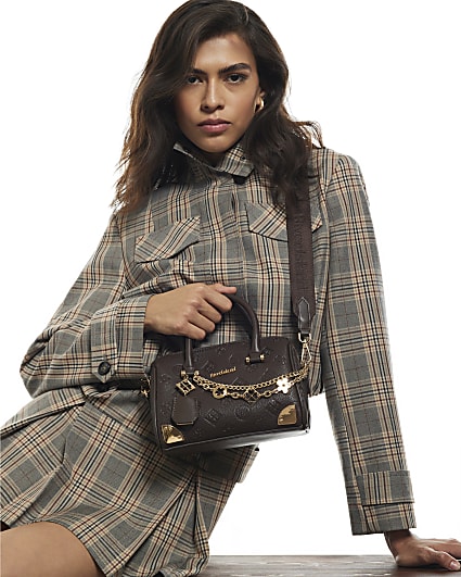 Brown Embossed Metal Corner Bowler Bag