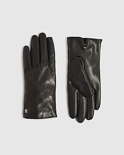 Black Monogram Faux Leather Gloves