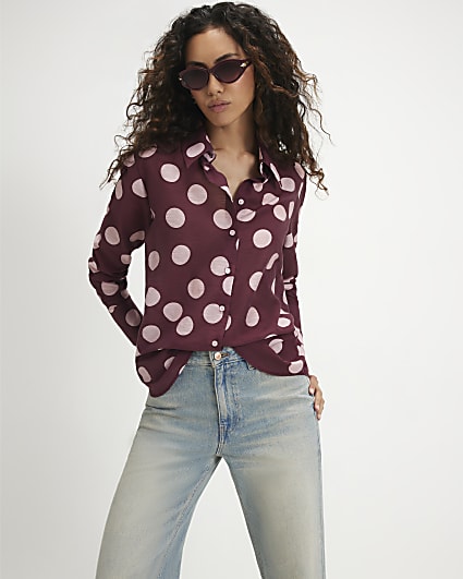 Burgundy Polka Dot Oversized Boyfriend Shirt