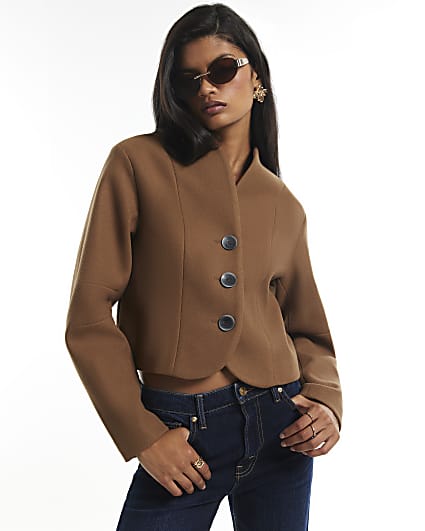 Brown Collarless Button Up Jacket
